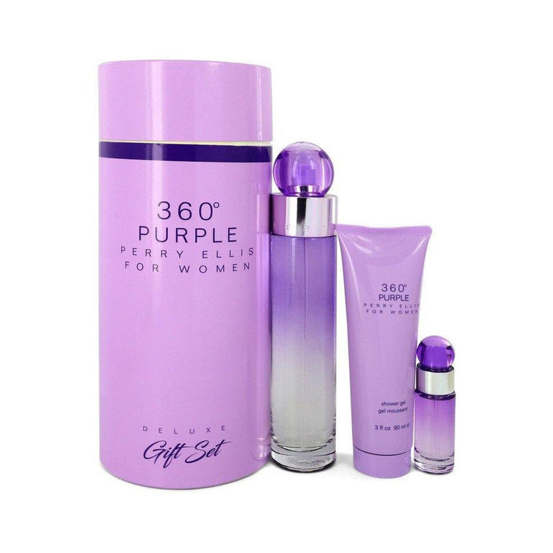 Perry Ellis 360 Purple by Perry Ellis Gift Set -- 3.4 oz Eau De Parfum Spray + .25 oz Mini EDP Spray + 3 oz Shower Gel