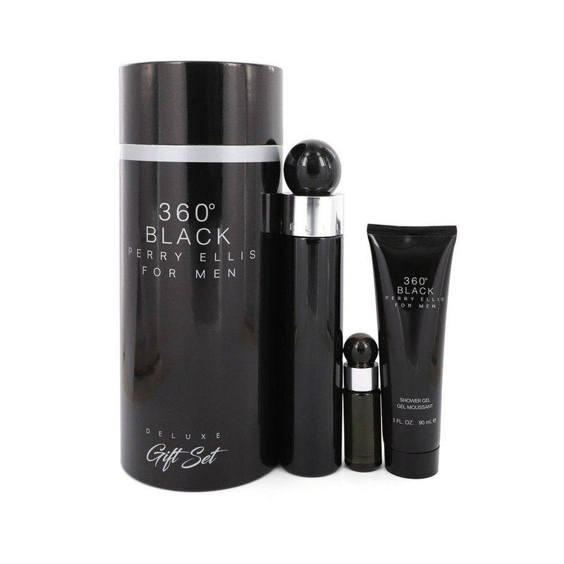 Perry Ellis 360 Black by Perry Ellis Gift Set -- 3.4 oz Eau De Toilette Spray + .25 oz Mini EDT Travel Spray + 3 oz Shower Gel