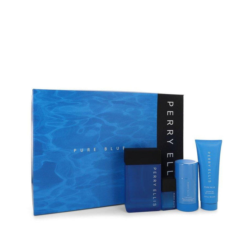 Perry Ellis Pure Blue by Perry Ellis Gift Set -- 3.4 oz Eau De Toilette Spray + 3 oz Shower Gel + 2.75 oz Deodorant Stick + .25 oz Travel EDT Spray